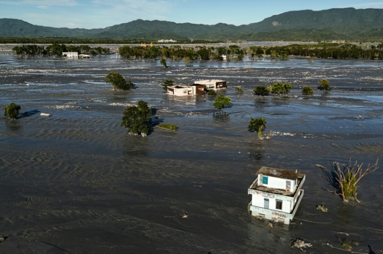 An aerial image shows flood waters covering parts of Guangfu township after a barrier lake burst in Hualien, following torrential rain when Super Typhoon Ragasa skirted Taiwan