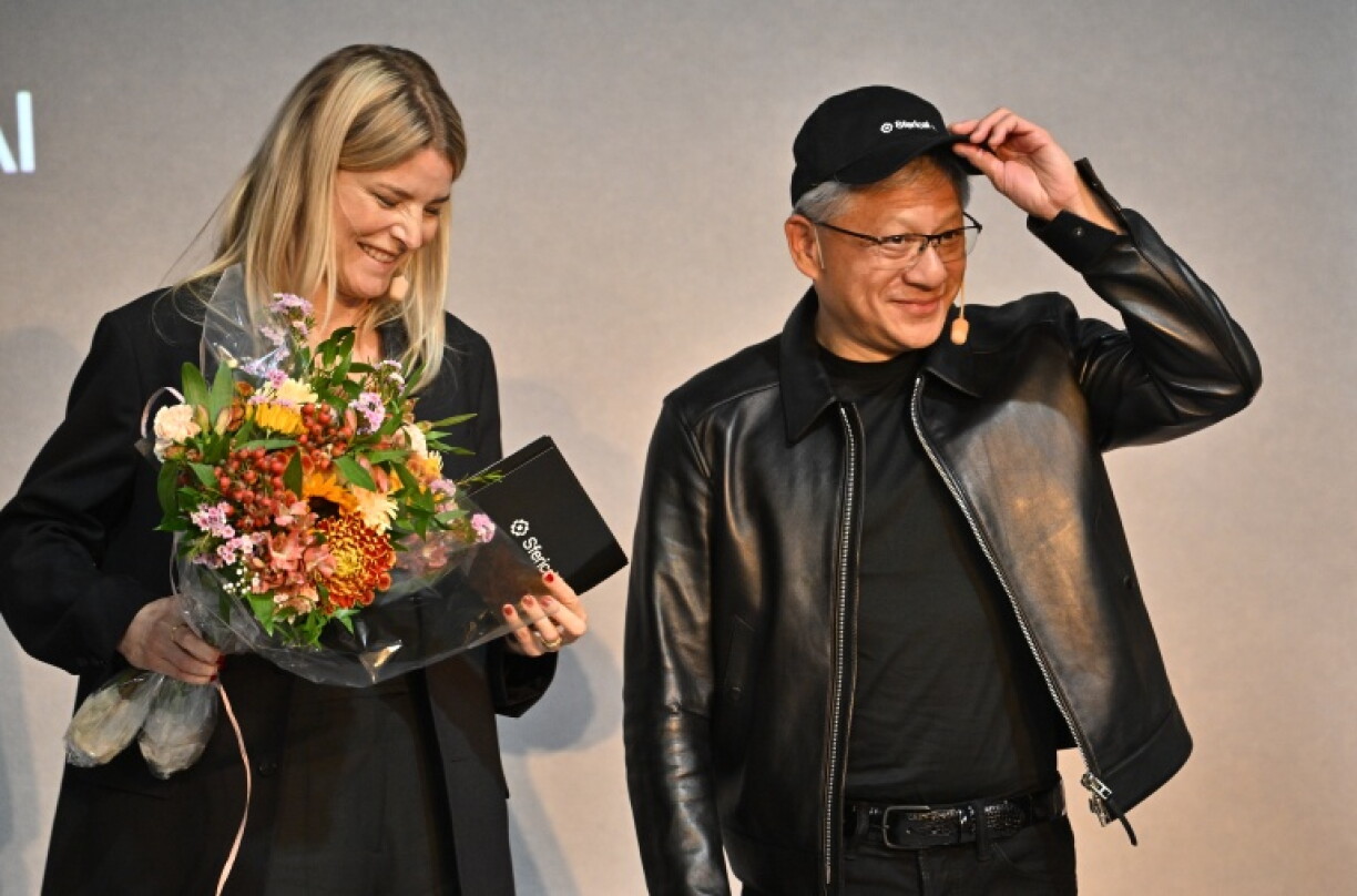 Jensen Huang with Jenny Nordlow, chief executive of Sweden's Sferical AI, in Stockholm on Thursday