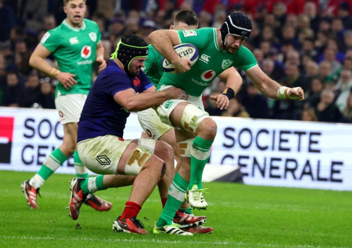 Ireland's Caelan Doris is tackled by France's number eight Greg Alldritt in the Six Nations game in Marseille in 2024
