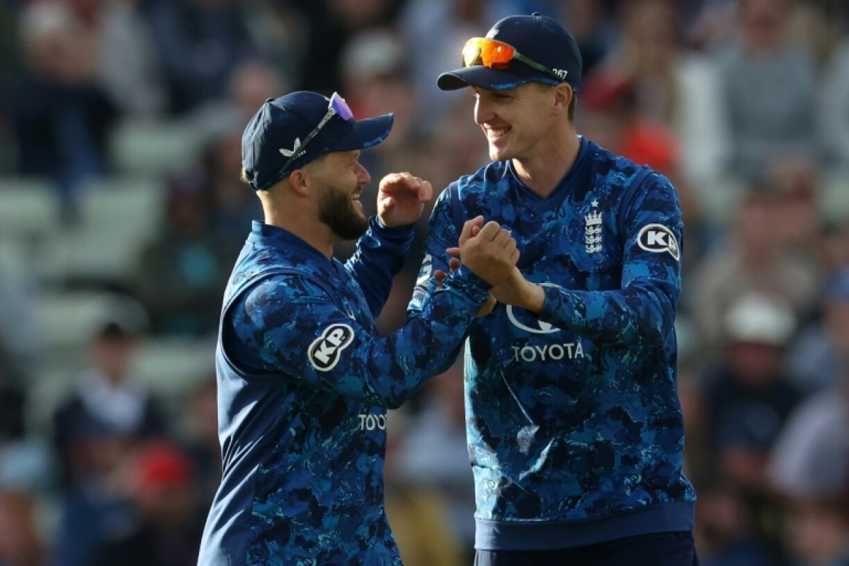 England's Harry Brook celebrates with Ben Duckett after catching West Indies' Gudakesh Motie (unseen) during the 1st ODI at Edgbaston