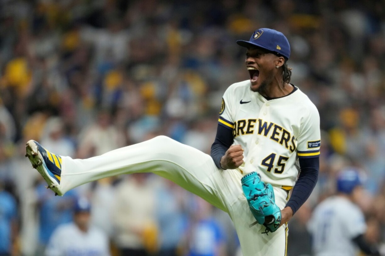 Milwaukee relief pitcher Abner Uribe reacts after recording an out in the Brewers' victory over the Los Angeles Dodgers in game one of the National League Championship Series