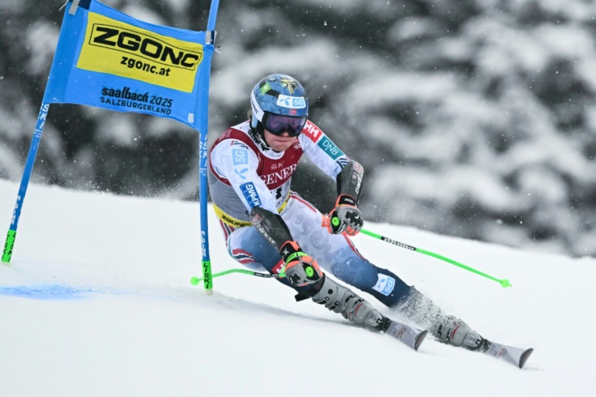Norway's Timon Haugan competes in the first run of the men's giant slalom