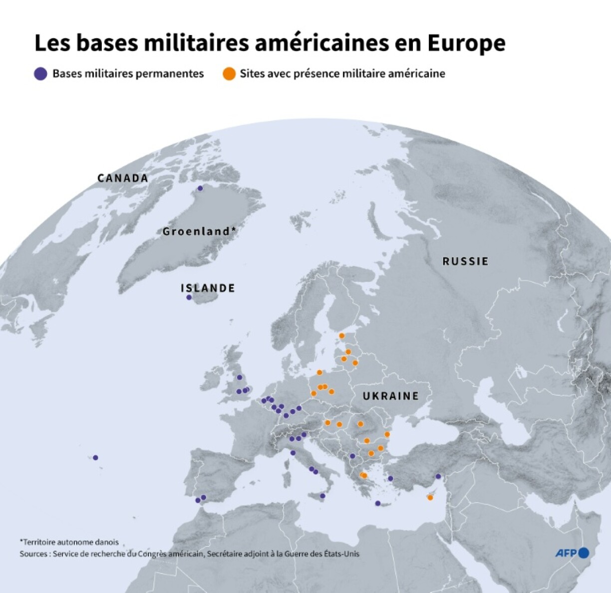Carte montrant les principales bases militaires américaines et sites avec présence militaire américaine en Europe