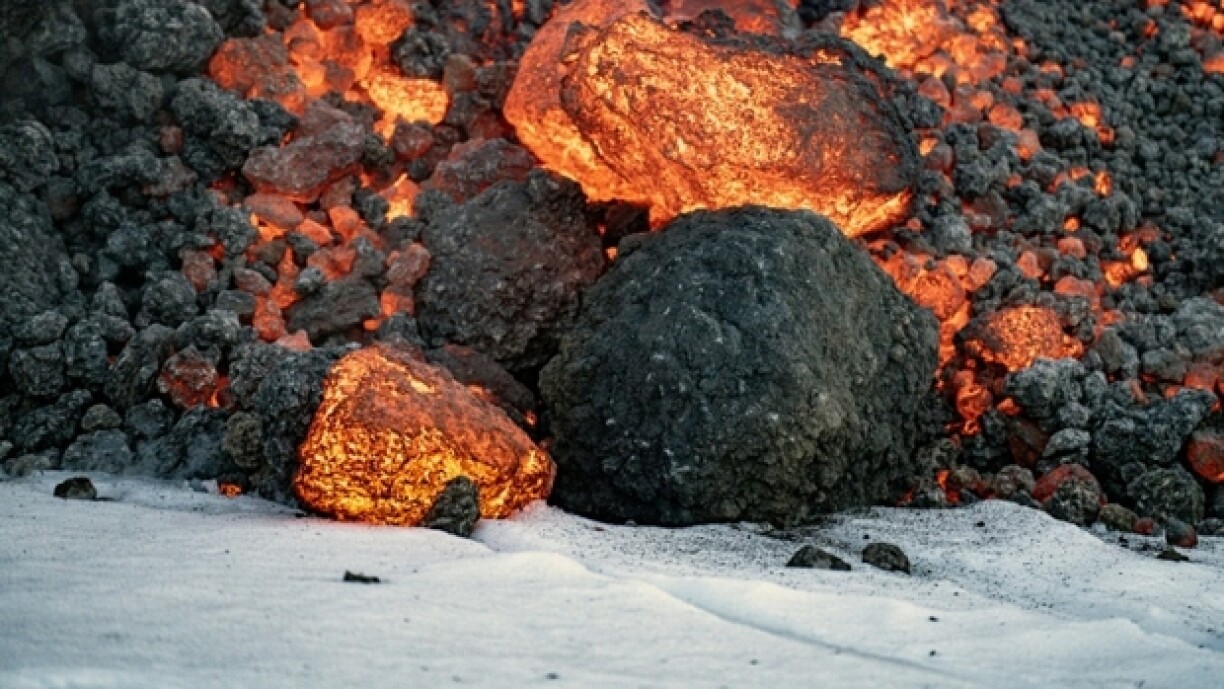La lave et la neige recouvrent le volcan de l'Etna en Sicile, le 14 février 2025