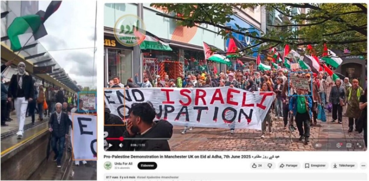 Screenshot comparison of the falsely shared video (L) and the June 2025 YouTube video, with corresponding elements highlighted by AFP