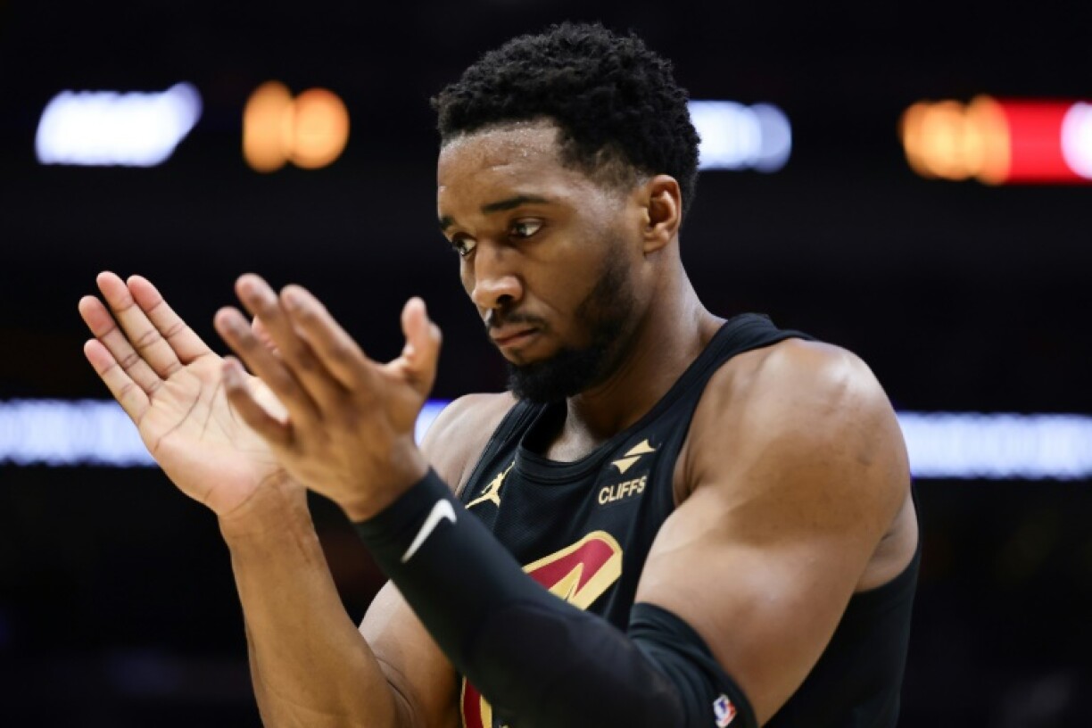 Donovan Mitchell of the Cleveland Cavaliers reacts during the Cavaliers' NBA victory over the Miami Heat