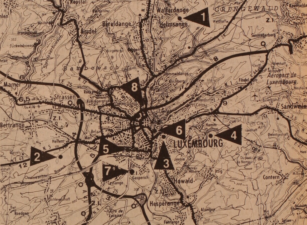 Map of explosions around Luxembourg City by 1985.