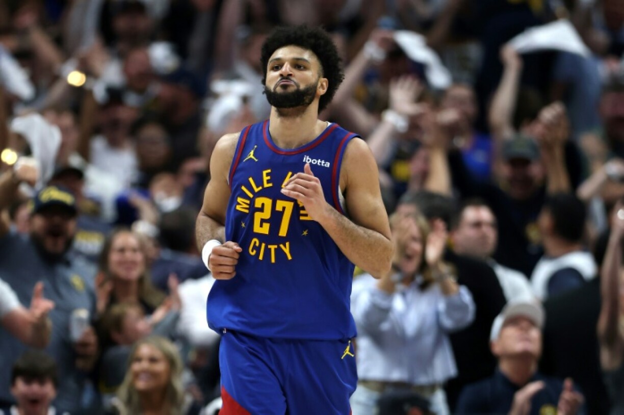 Jamal Murray of the Denver Nuggets reacts during the Nuggets' overtime victory over the Oklahoma City Thunder in game three of their NBA playoff series
