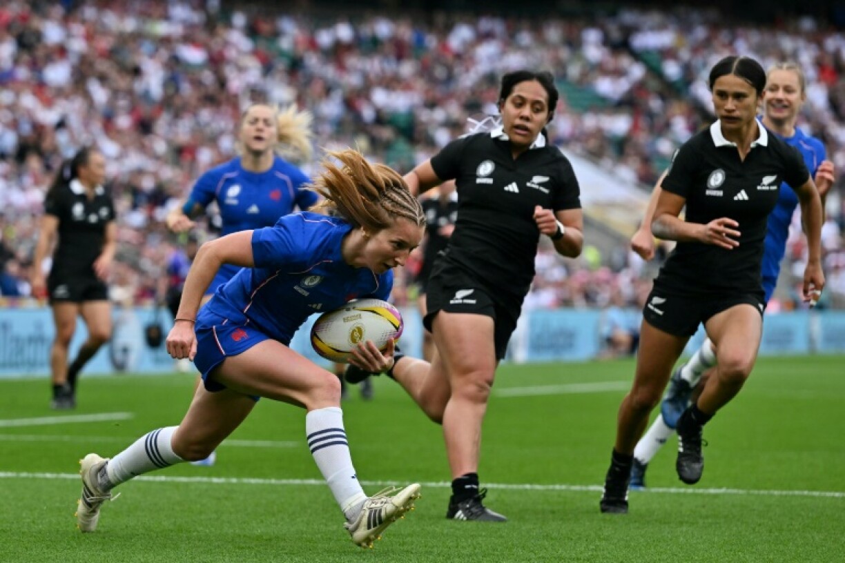 France scrum-half Pauline Bourdon Sansus scores the opening try of the Women's Rugby World Cup bronze final against New Zealand at Twickenham