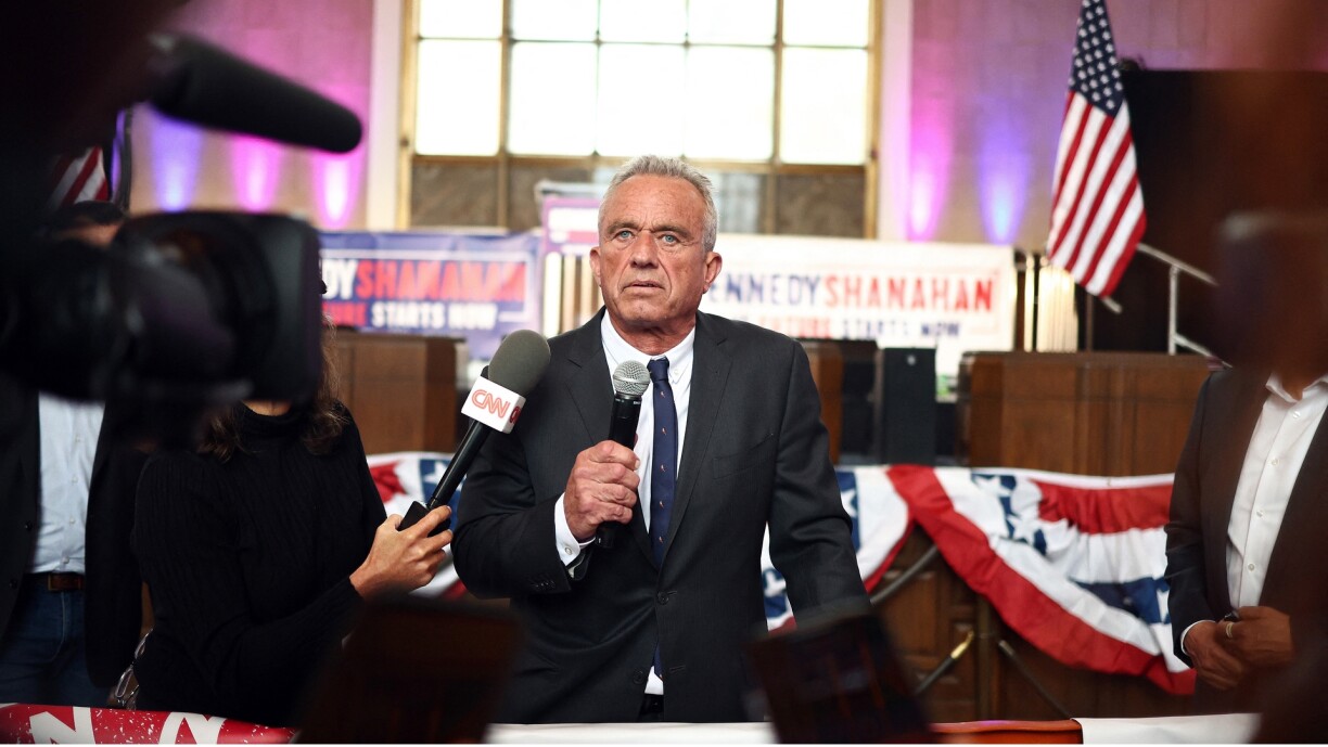 Independent presidential candidate Robert F Kennedy Jr speaks to the media at a Cesar Chavez Day event at Union Station in Los Angeles on 30 March 2024.