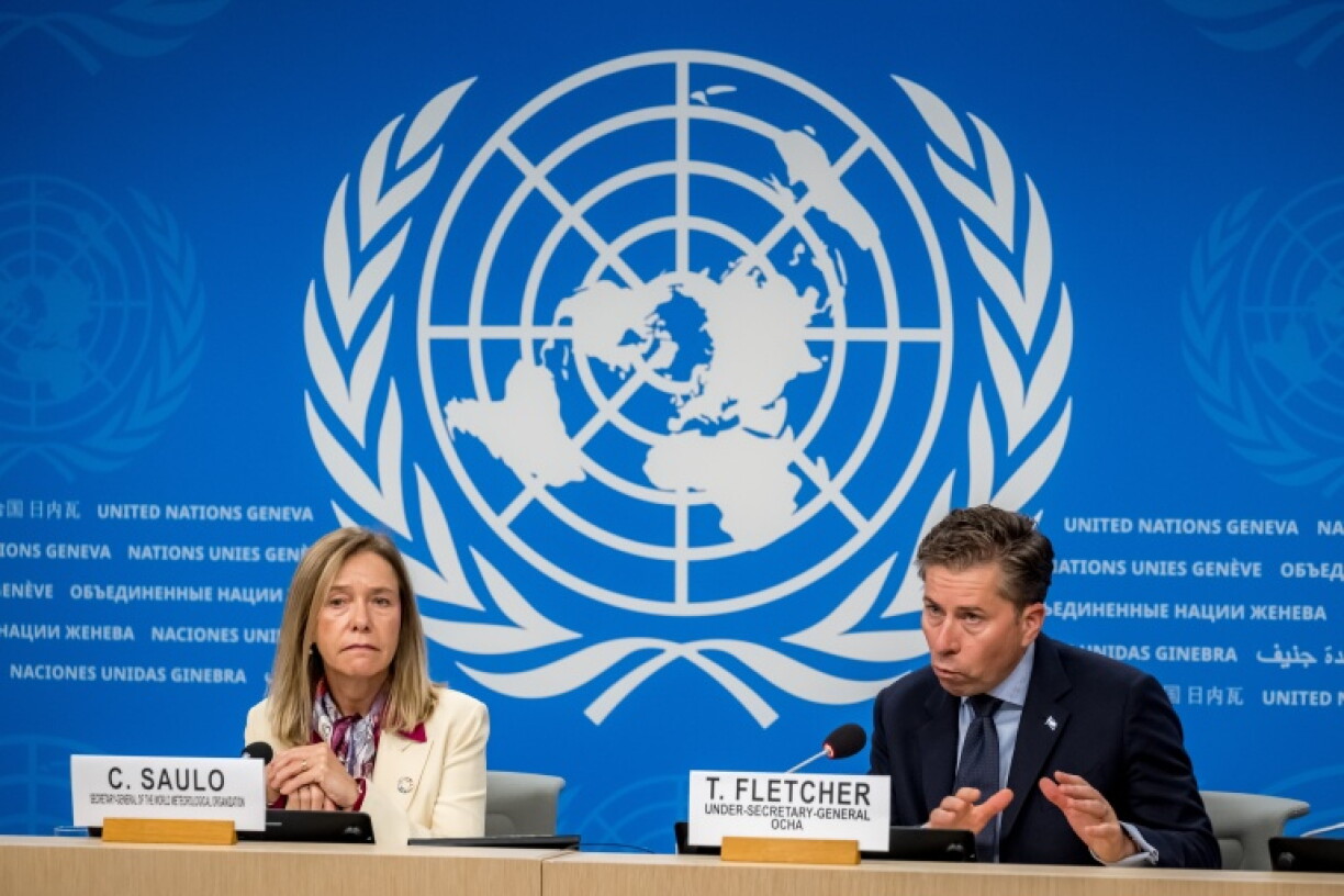 WMO secretary-general Celeste Saulo (L) and UN humanitarian chief Tom Fletcher addressed reporters in Geneva
