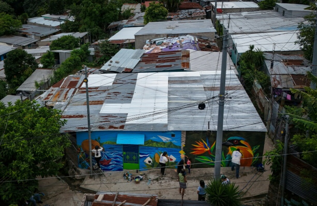 An aerial view shows the mural