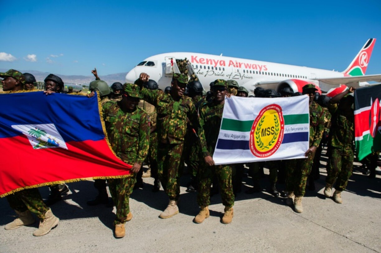 A third contingent of police officers from Kenya arrives at Toussaint Louverture International Airport in Port-au-Prince on January 18, 2025, to bolster a multinational force seeking to restore order to the violence-ridden Caribbean island