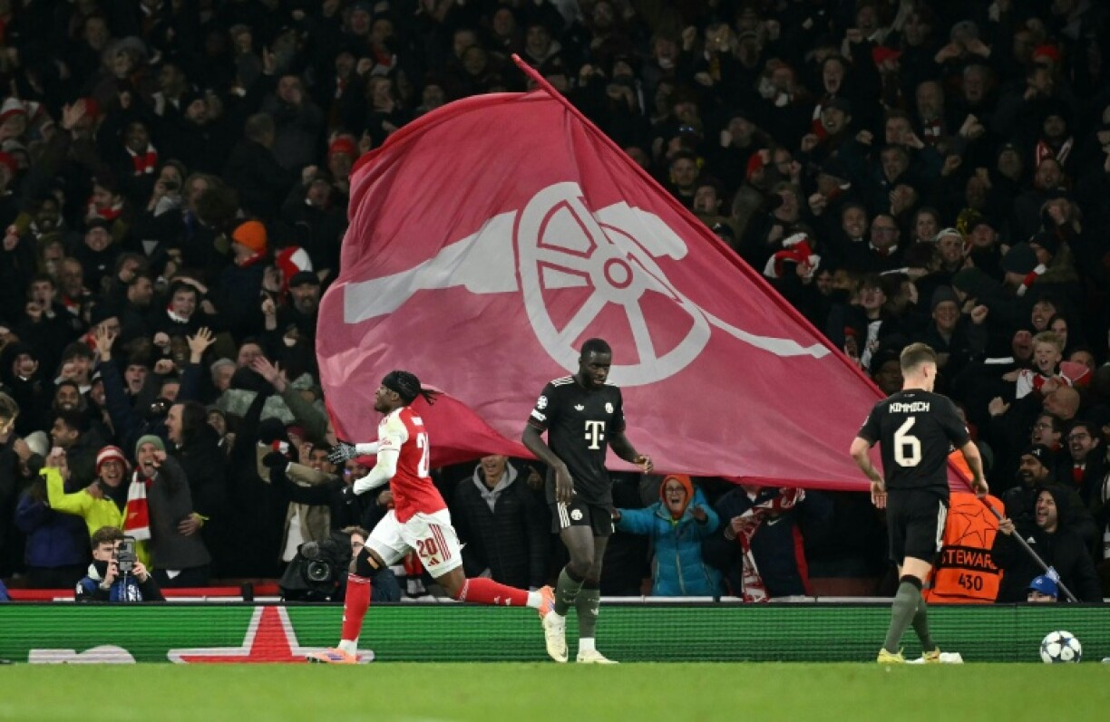 Arsenal's Noni Madueke celebrates scoring against Bayern Munich at the Emirates