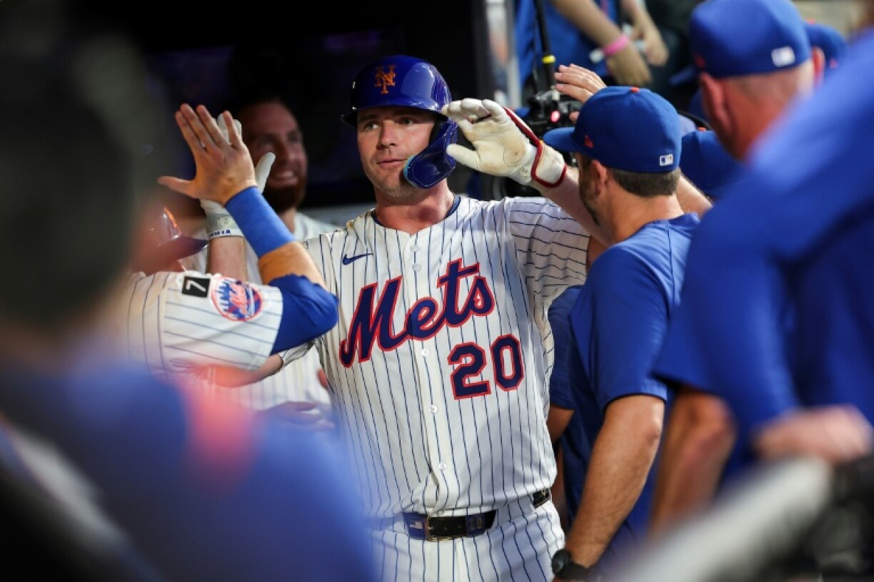 Pete Alonso of the New York Mets celebrates a two-run home run in the third inning that made him the MLB club's all-time homer leader with 253 and he would later add another homer in a 13-5 win over Atlanta at New York's Citi Field