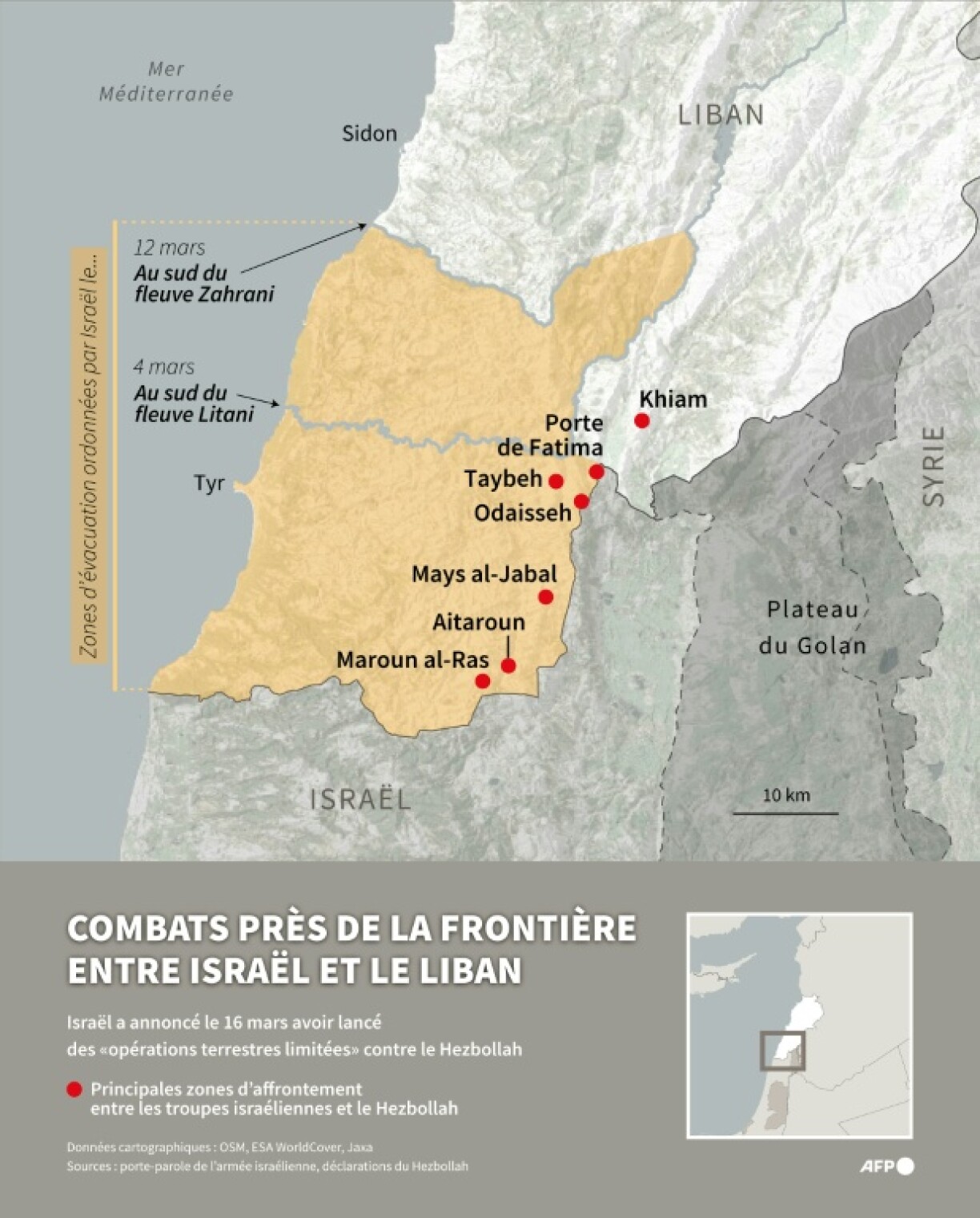 Carte du sud du Liban montrant les principales zones d'affrontement entre Israël et le Hezbollah pro-iranien