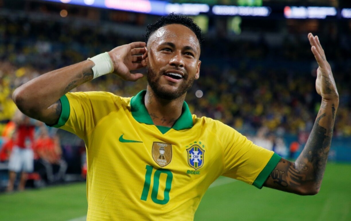 Neymar célèbre son but pour le Brésil contre la Colombie en match amical, le 6 septembre 2019 à Miami (Etats-Unis)