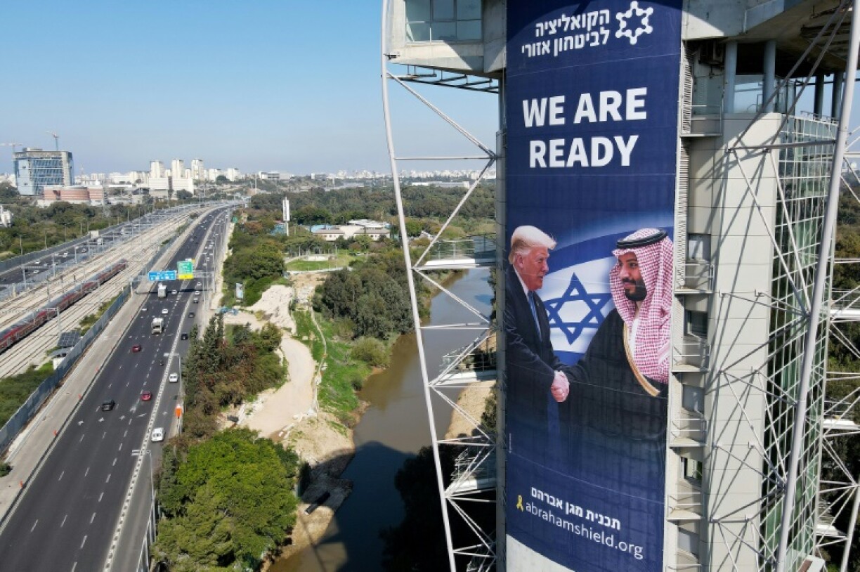 A billboard bearing a picture of US President Donald Trump and Saudi Crown Prince Mohammed bin Salman is seen on a building in Ramat Gan, Israel