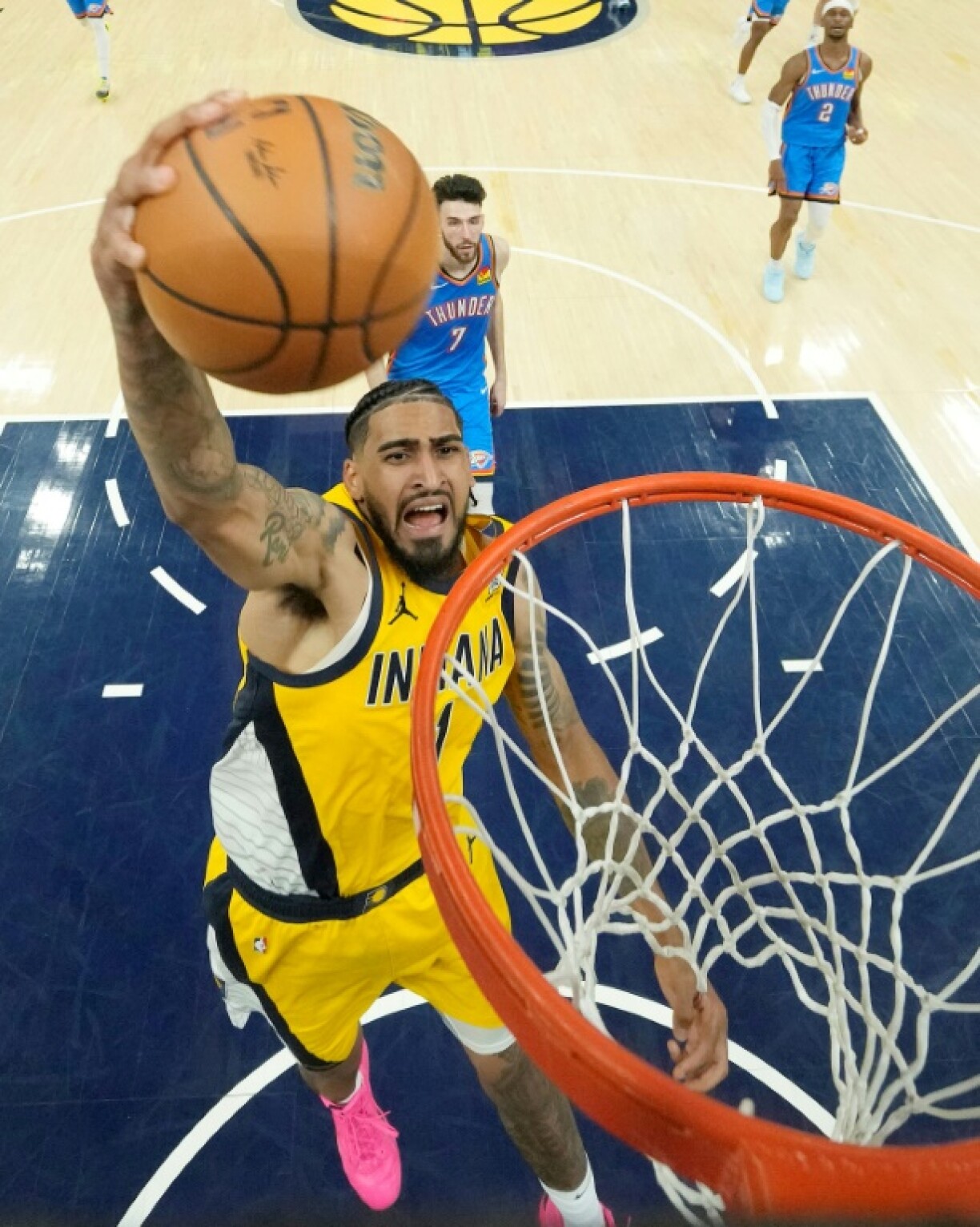 Obi Toppin of the Indiana Pacers throws down a dunk in the Pacers' loss to the Oklahoma City Thunder in game four of the NBA Finals