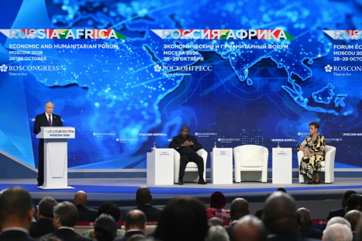 Russian President Vladimir Putin gives a speech during the Russia-Africa economic and humanitarian forum in Moscow