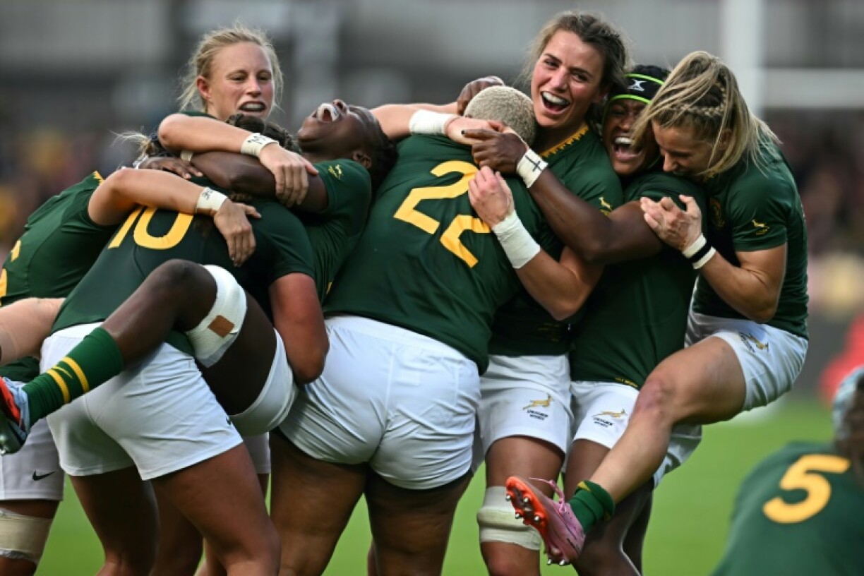 South Africa players celebrate their 29-24 win over Italy at York in Pool D of the Women’s Rugby World Cup