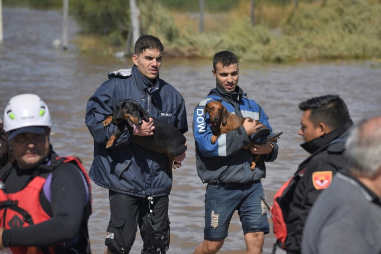 Flood victims carry dogs through standing water one day after a deadly storm hit Bahia Blanca