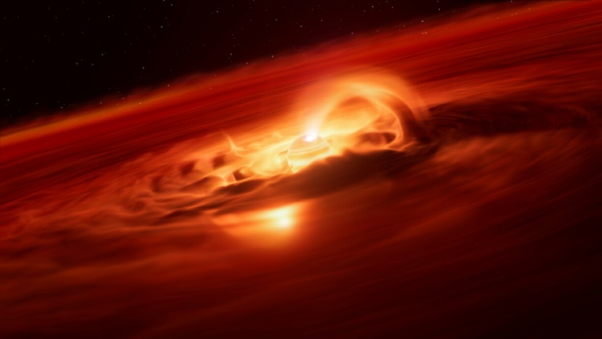 An artist's impression of the rogue planet Cha 1107-7626 sucking in matter from the disc that surrounds it