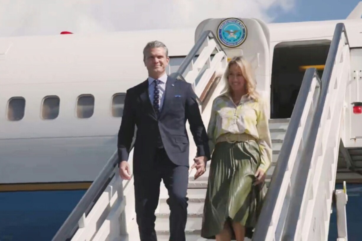 A screengrab of footage released by the US Department of Defense shows Pentagon chief Pete Hegseth and his wife Jennifer Rauchet arriving in Santo Domingo on Wednesday