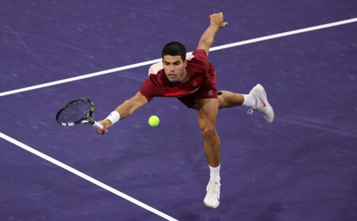 Two-time defending champion Carlos Alcaraz of Spain plays a forehand volley on the way to a quarter-final victory over Francisco Cerundolo at Indian Wells