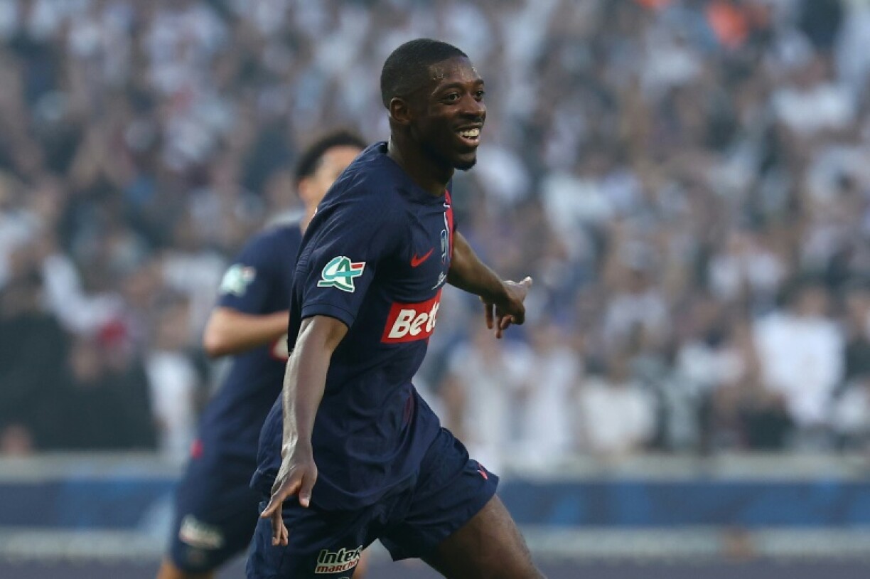 L'attaquant du PSG Ousmane embélé ouvre la marque contre Lyon, le 25 mai 2024 à Villeneuve-d'Ascq