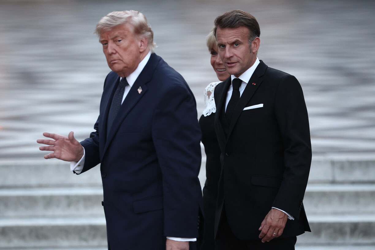 Donald Trump vum franséische President Emmanuel Macron a senger Fra empfaange ginn