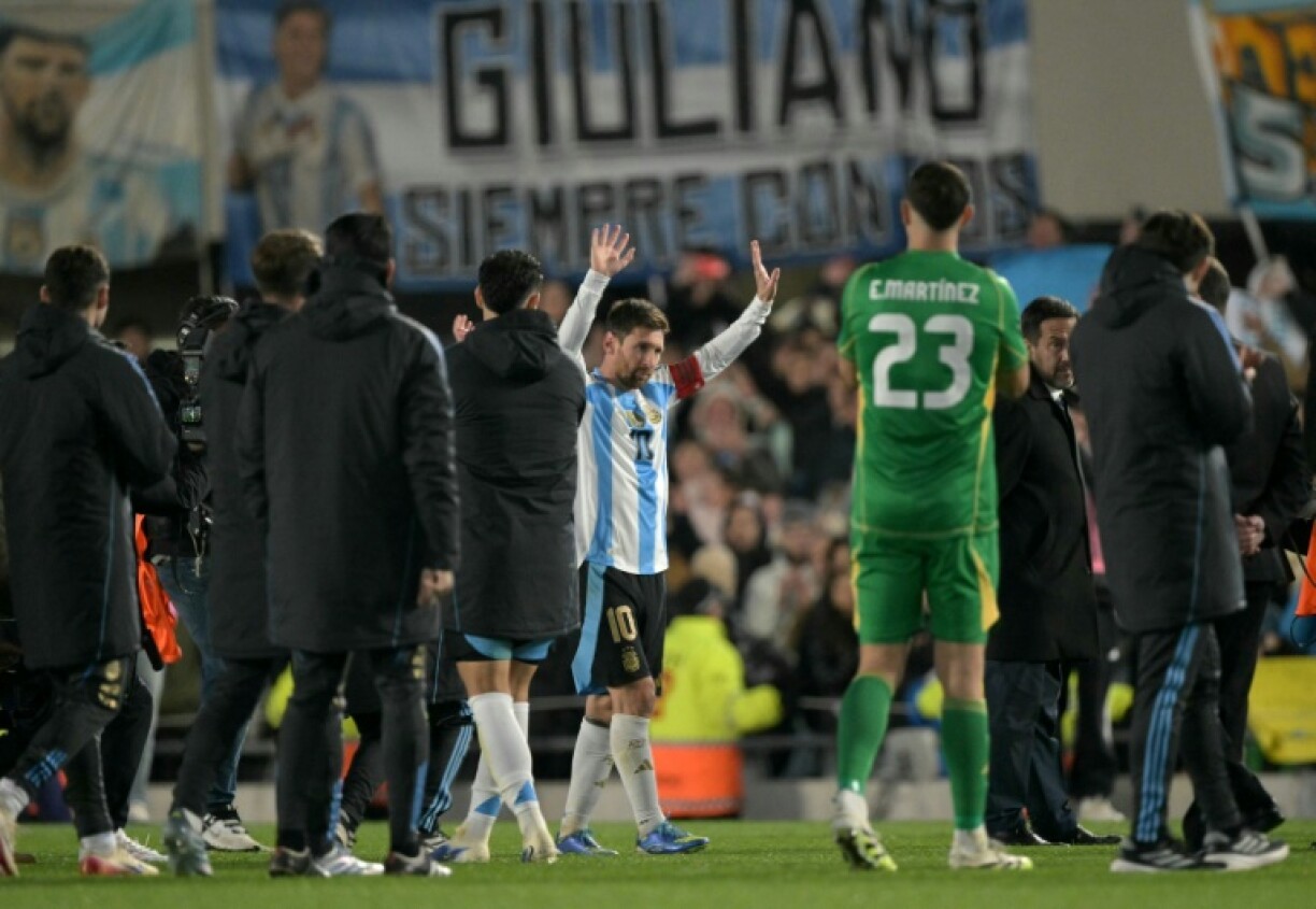 Lionel Messi leaves the field at the Mas Monumental stadium in Buenos Aires