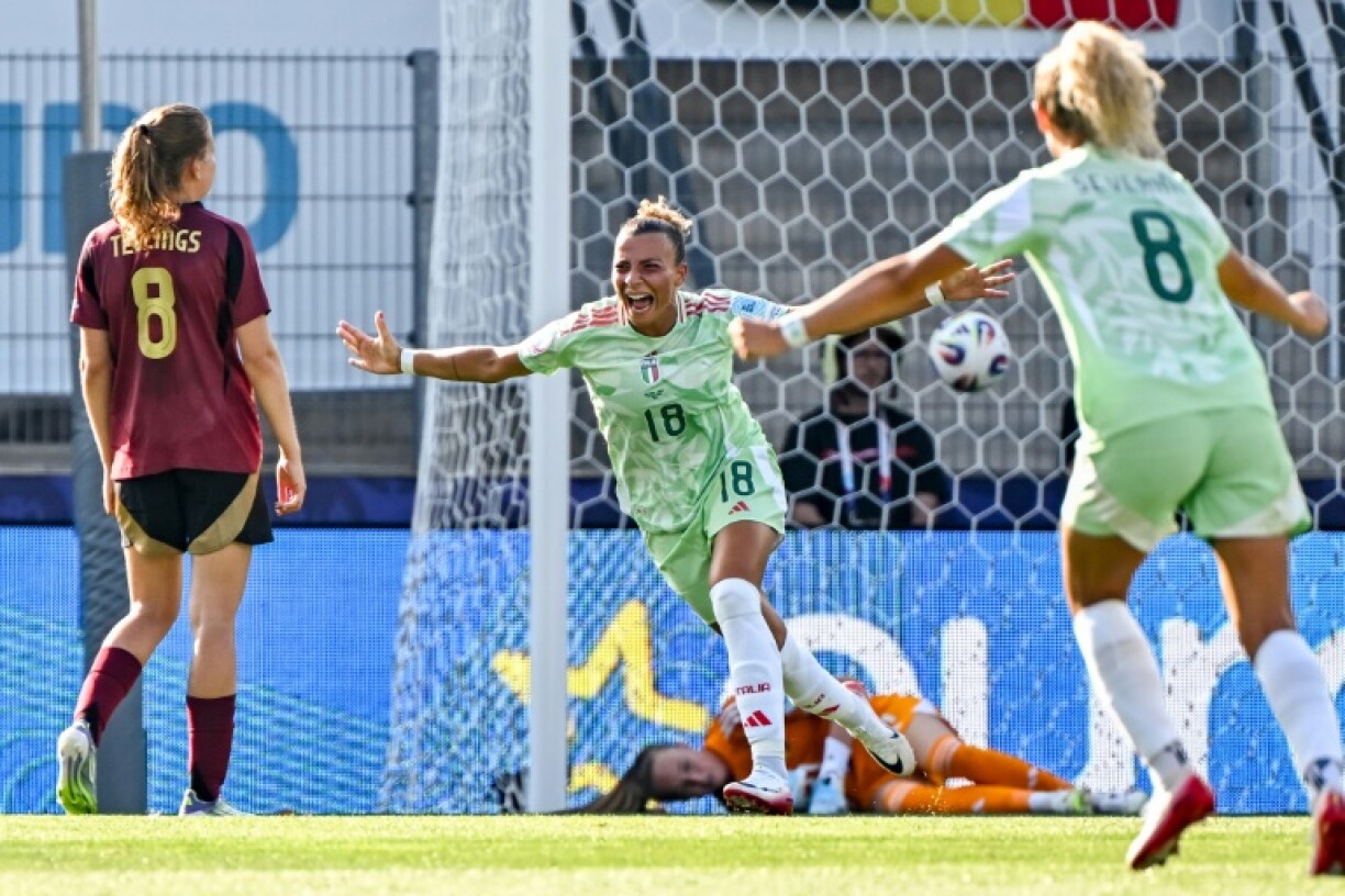Arianna Caruso celebrates scoring Italy's winner against Belgium in the Women's Euro 2025