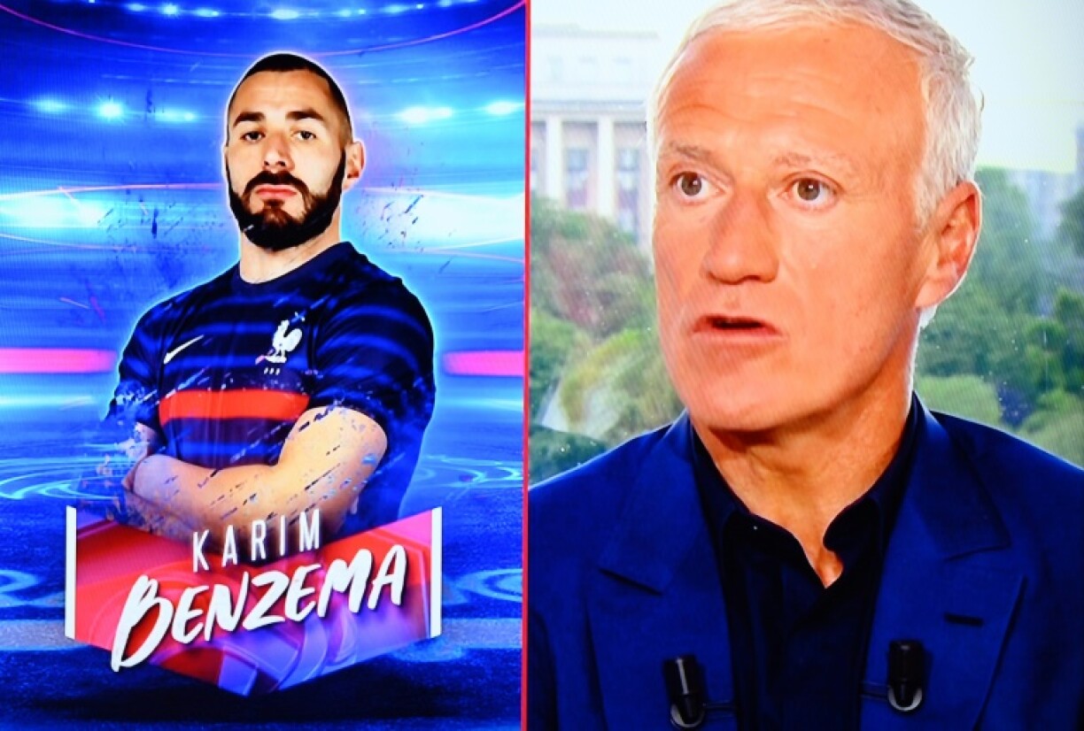 L'effigie de Karim Benzema apparaît à l'écran lors de la sélection des Bleus annoncée par Didier Deschamps sur la chaîne TF1 à Boulogne Billancourt, le 18 mai 2021