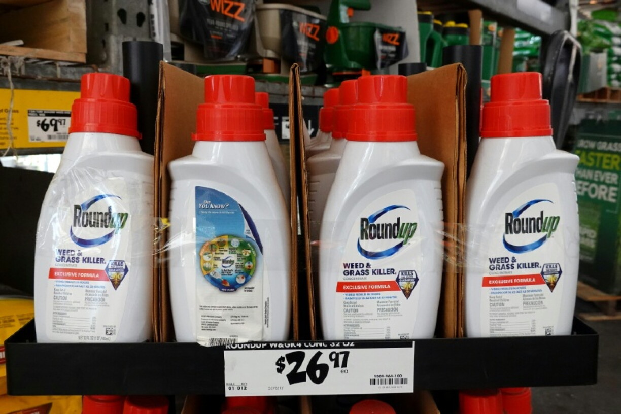 Bottles of Roundup weed killer are displayed on a shelf at a Home Depot store in June 2026 in North Hollywood, California