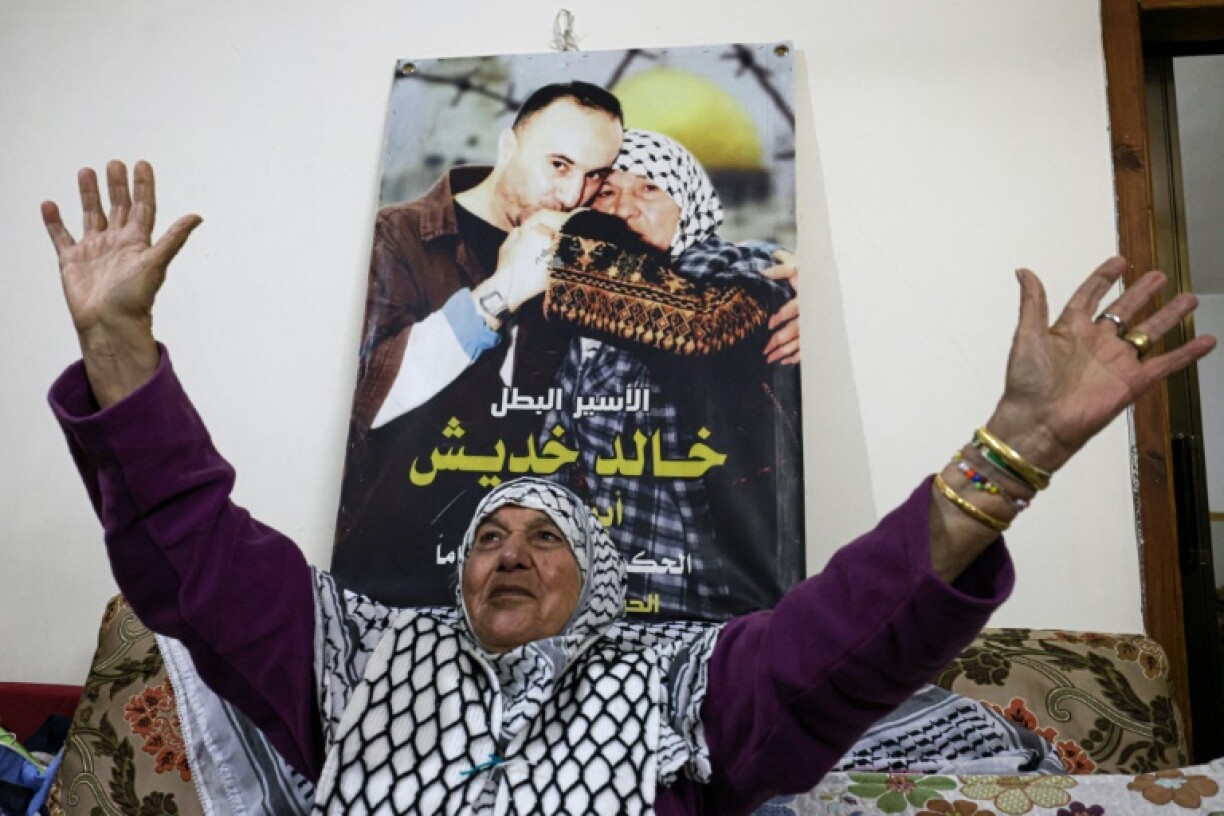 The mother of Palestinian prisoner Khaled Khdeish, who is due for release, in the Balata refugee camp in the occupied West Bank