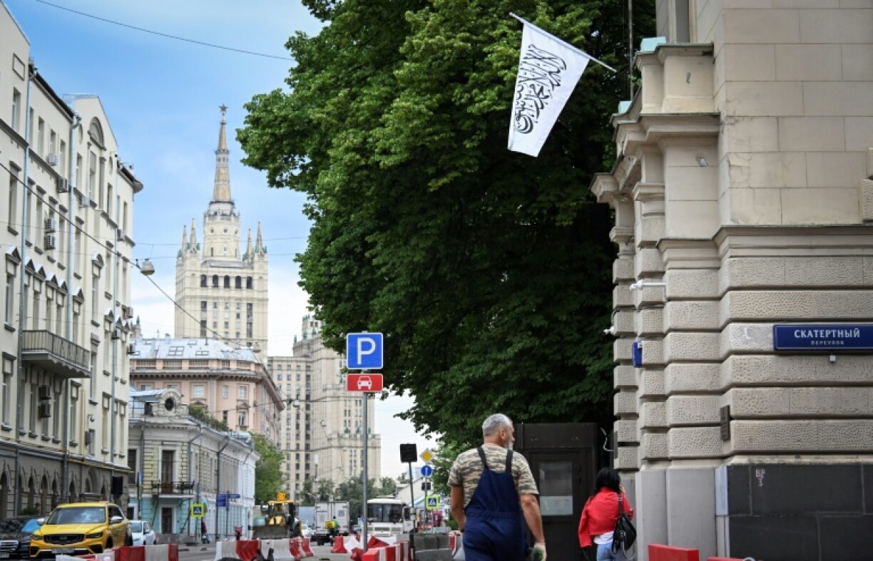 The flag of the Islamic Emirate of Afghanistan flies at the Afghan embassy in Moscow