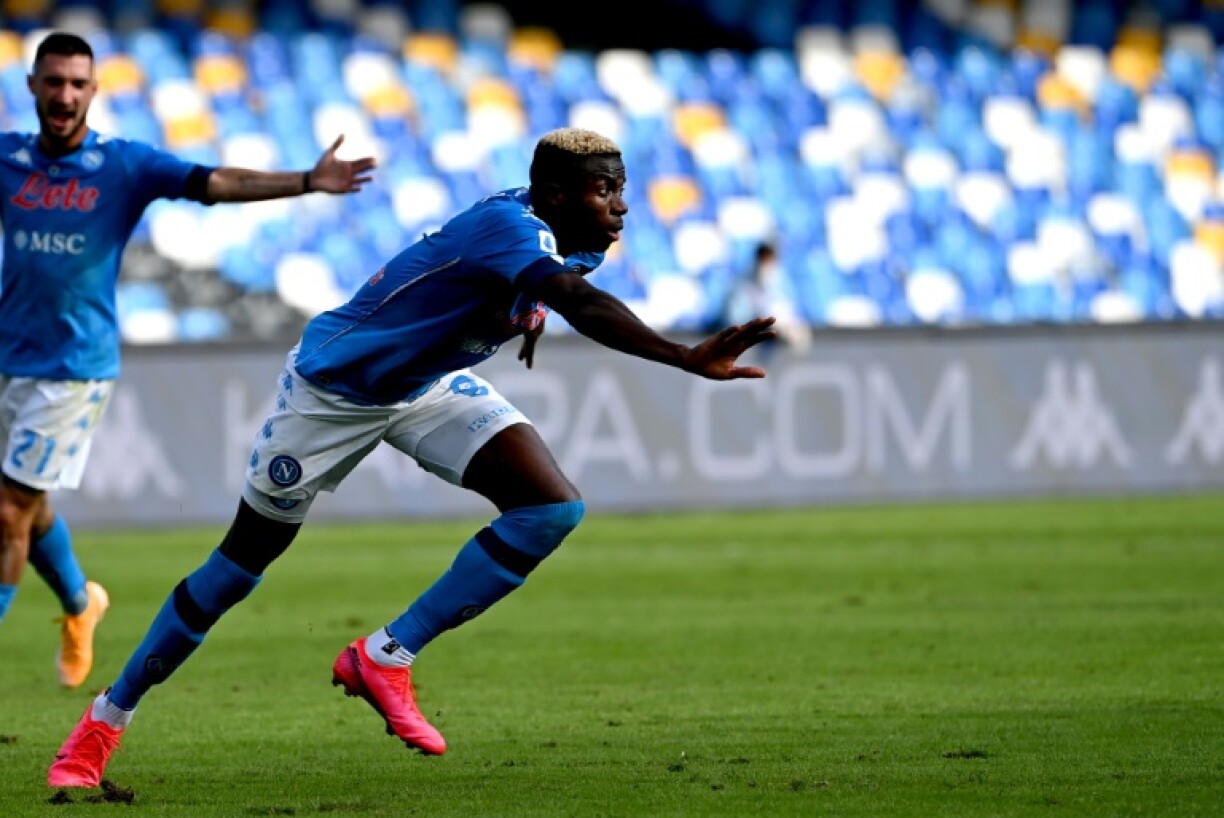 La joie de l'attaquant nigérian de Naples, Victor Osimhen, après avoir marqué contre l'Atalanta, lors de leur match de Série A, le 17 octobre 2020 à Naples