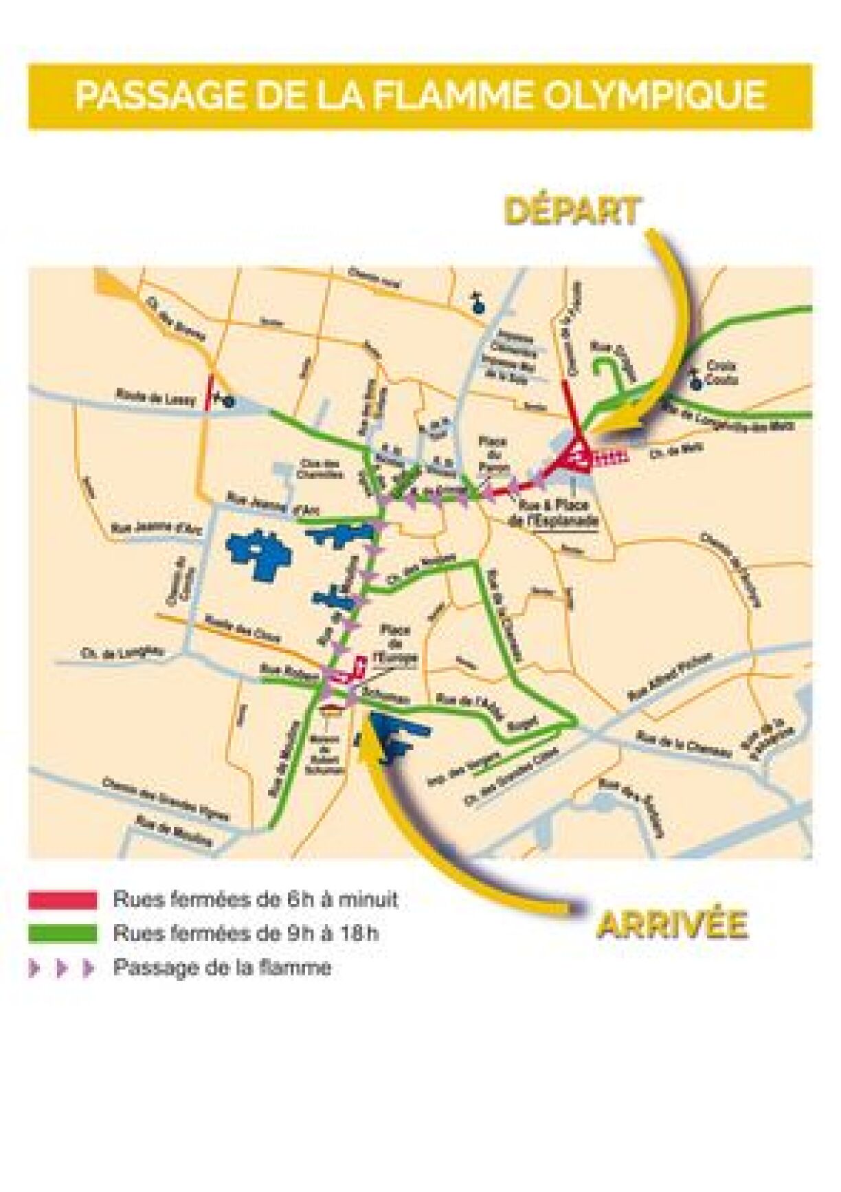 Les routes barrées et le parcours à Scy-Chazelles.