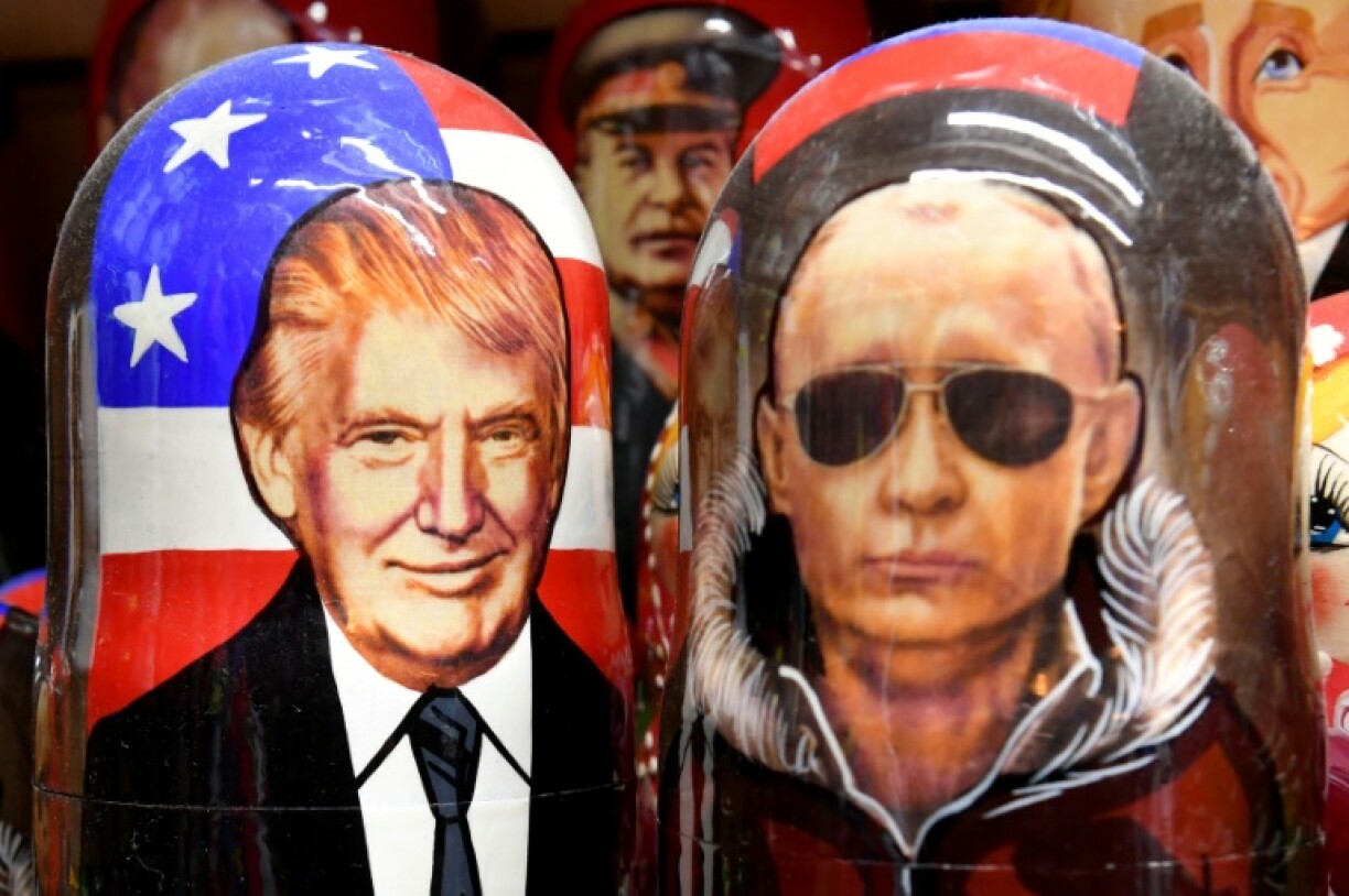 Russian nesting dolls depicting Trump and Putin displayed in a store in Saint Petersburg