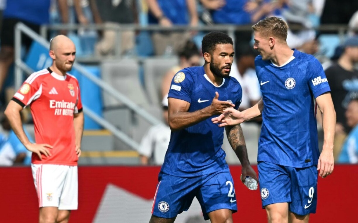 Chelsea's Reece James and Liam Delap celebrate a goal in their win over Benfica in the last 16 of the Club World Cup
