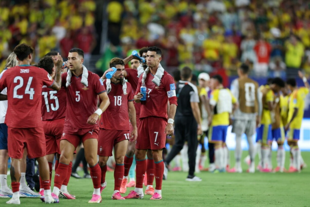 L'attaquant portugais Cristiano Ronaldo, lors de la pause fraicheur, lors du match de Coupe du monde opposant la Colombie au Portugal, à Miami, le 27 juin 2026