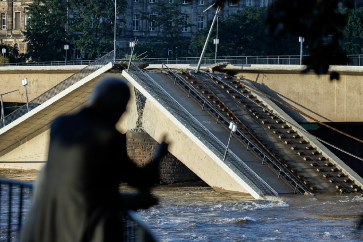 The partially collapsed Carola Bridge (Carolabruecke) is pictured in the city centre of Dresden, Saxony, eastern Germany, on September 17, 2024