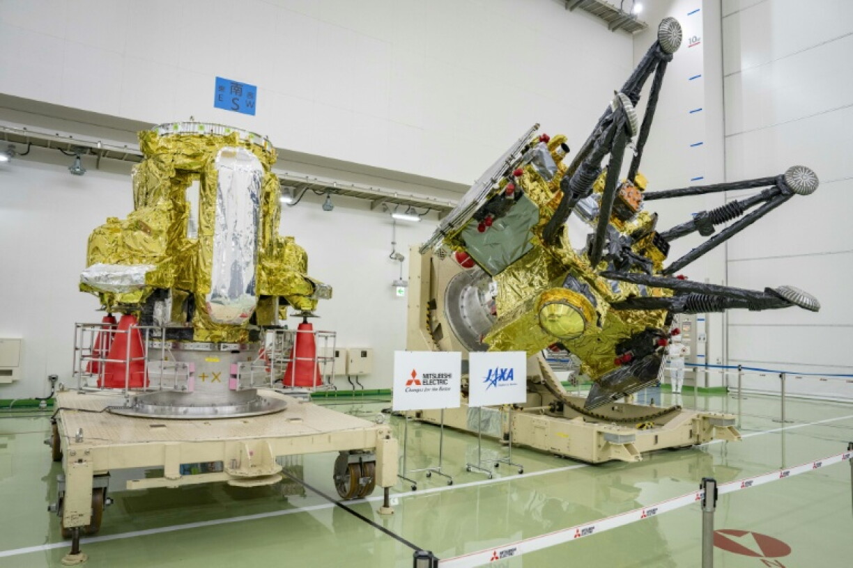 Two modules that make up the Martian Moons eXploration (MMX) spacecraft, which launched on October 20, 2026, are seen at the Tanegashima Space Center in Japan's Kagoshima prefecture two months prior to the launch