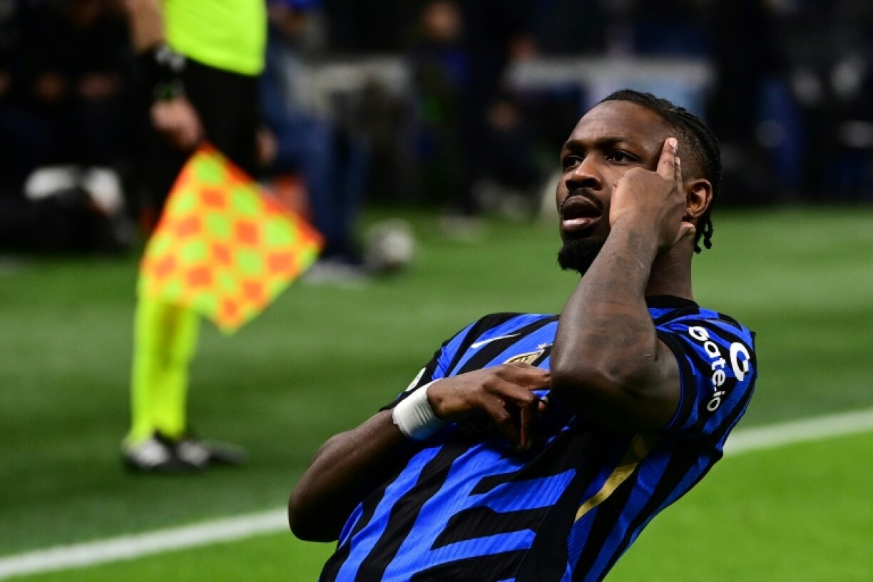 Marcus Thuram celebrates his 16th goal of the season for Inter