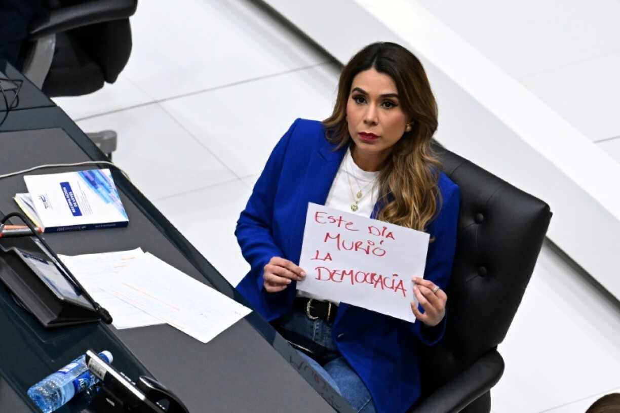 Opposition lawmaker Marcela Villatoro holds a sign that reads 'Democracy died today' as El Salvador's legislators adopt a consititutional reform abolishing presidential term limits