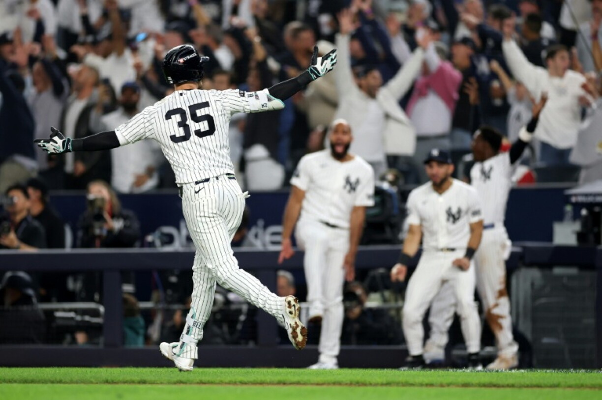 New York Yankees outfielder Cody Bellinger salutes team-mates and fans after his three-run home run helped defeat the Boston Red Sox
