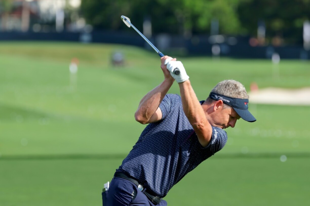 Europe Ryder Cup captain Luke Donald of England practices ahead of the 107th PGA Championship at Quail Hollow