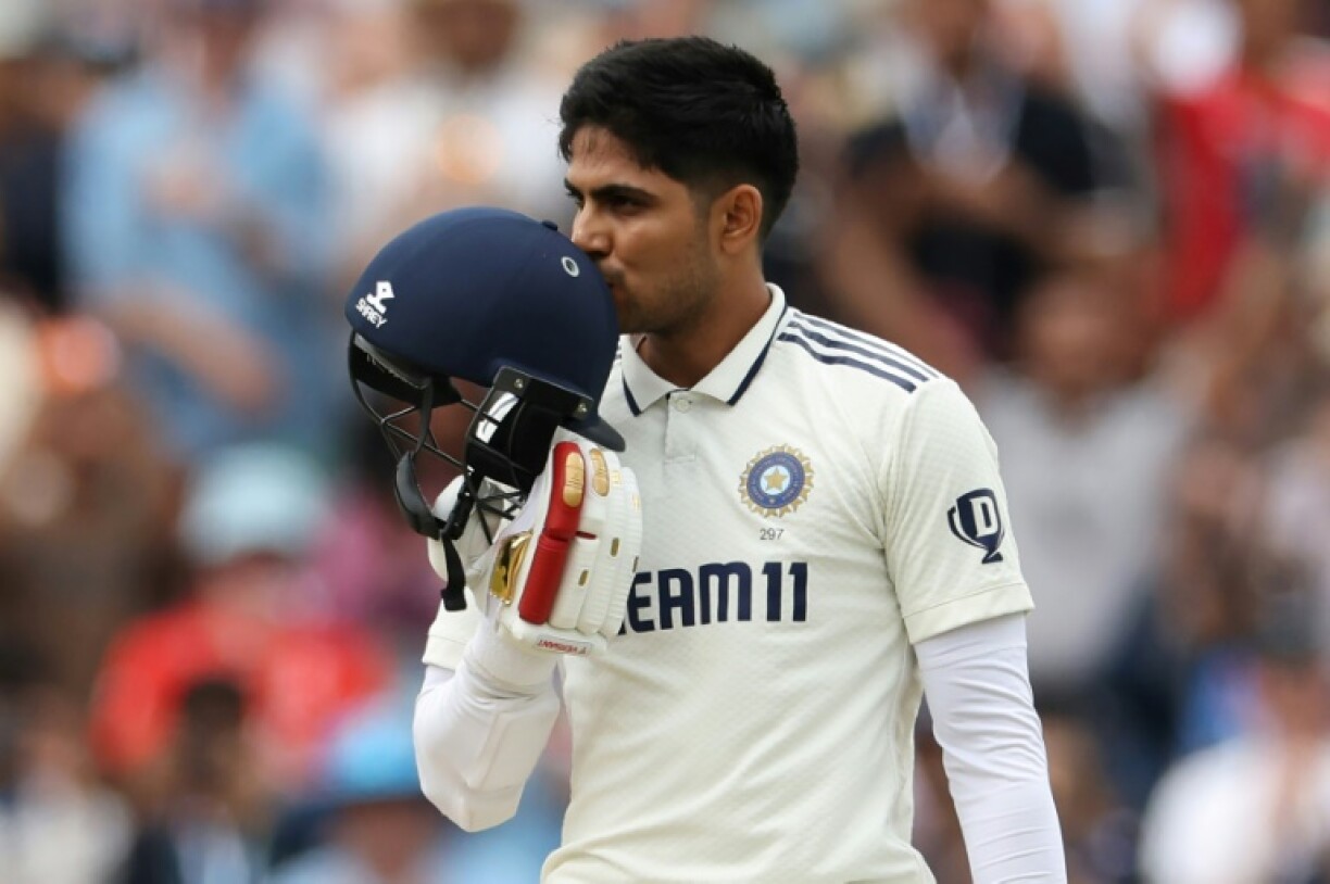 India captain Shubman Gill celebrates the second of his two hundreds in the second Test against England at Edgbaston