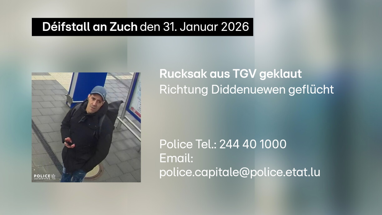 De Mann op dëser Foto huet e Rucksak aus engem TGV geklaut.
